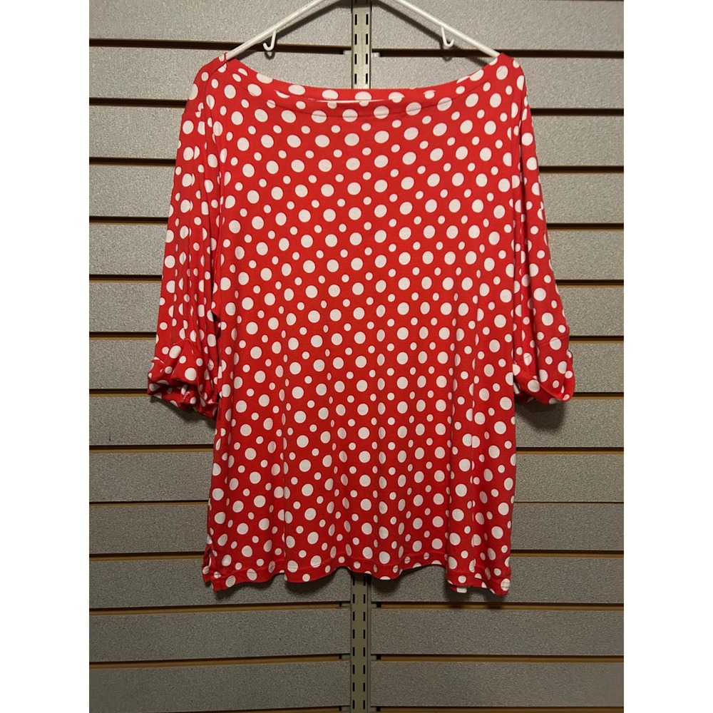 Kim Rogers Woman Red White Polka Dot Boat Neck 3/4 Sleeve Cotton Top 2X